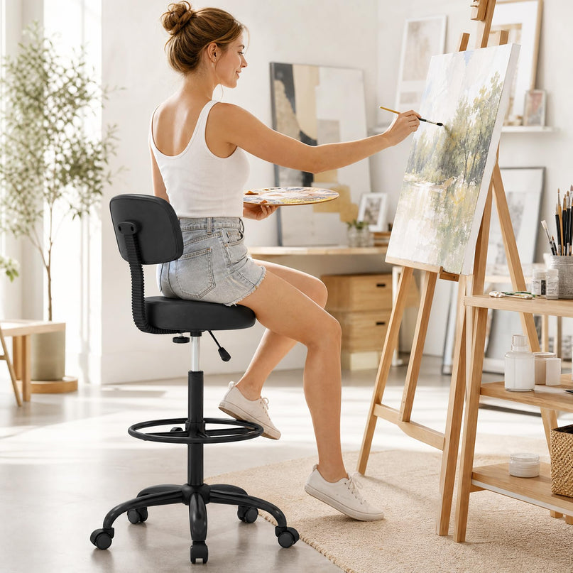 GIANTEX Drafting Chair with Back Adjustable Foot Rolling Stool with Wheels(1/2)