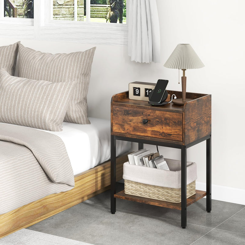Giantex Nightstand with Charging Station, Industrial Bedside Table with Storage Drawer & Open Shelf