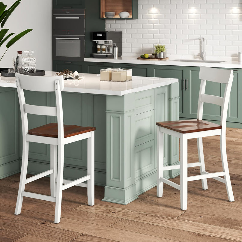 Giantex Wooden Bar Stools Counter Height Set of 2, 24.5" Farmhouse Wood Bar Dining Chairs