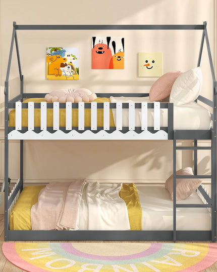 Giantex Bunk Bed Twin Over Twin, Wood House Low Bunk Bed with Ladder & Fence Safety Guardrail