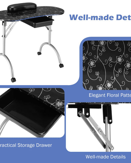 Foldable Nail Table Workstation with Lockable Wheels