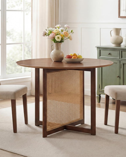 Giantex 37.5" Farmhouse Kitchen Table with Solid Rubberwood Pedestal & Rattan Base