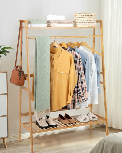 Giantex 3 Tier Bamboo Clothing Rack with Shelves, Heavy Duty Freestanding Clothes Organizer Rack with Coat Hooks
