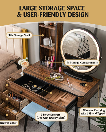 CHARMAID Vanity Table Set with 3-Color Dimmable Lighted Mirror - Giantex