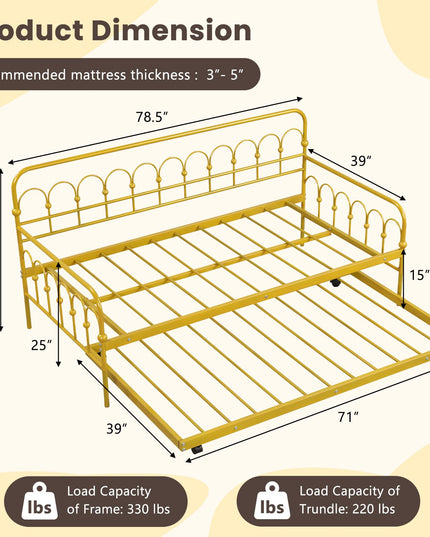 Giantex Twin Daybed with Trundle Gold, Metal Day Bed with Convenient Pull-Out Trundle Bed