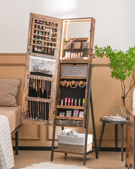 CHARMAID LED Strip Jewelry Armoire with 47.2"H Full Length Mirror, Lockable Jewelry Cabinet Organizer