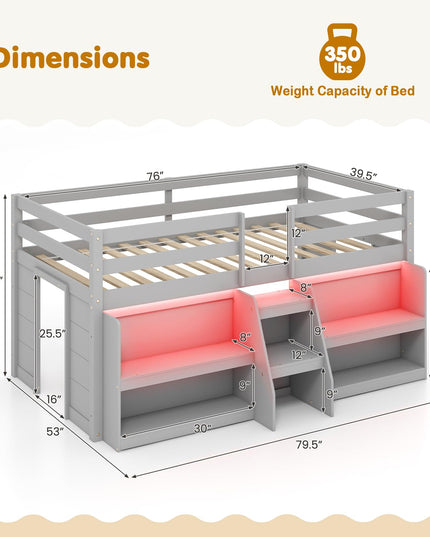 Giantex Low Loft Bed with LED Lights, Wooden Twin Loft Bed with Stairs & Safety Guardrail