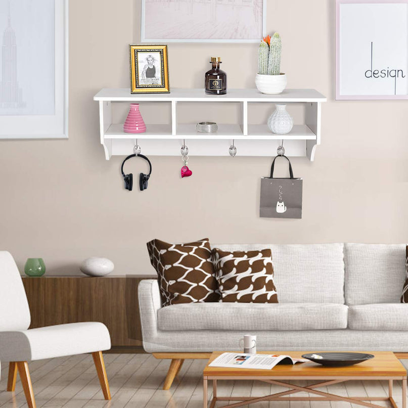Giantex Hanging Shelf with Hooks Wall Mount Cubby Organizer with 4 Dual Hooks and Storage for Entryway