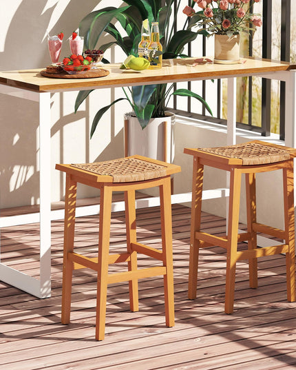 Giantex Outdoor Wooden Bar Stools Set of 2/4 with PE Rattan Saddle Seat & Footrest