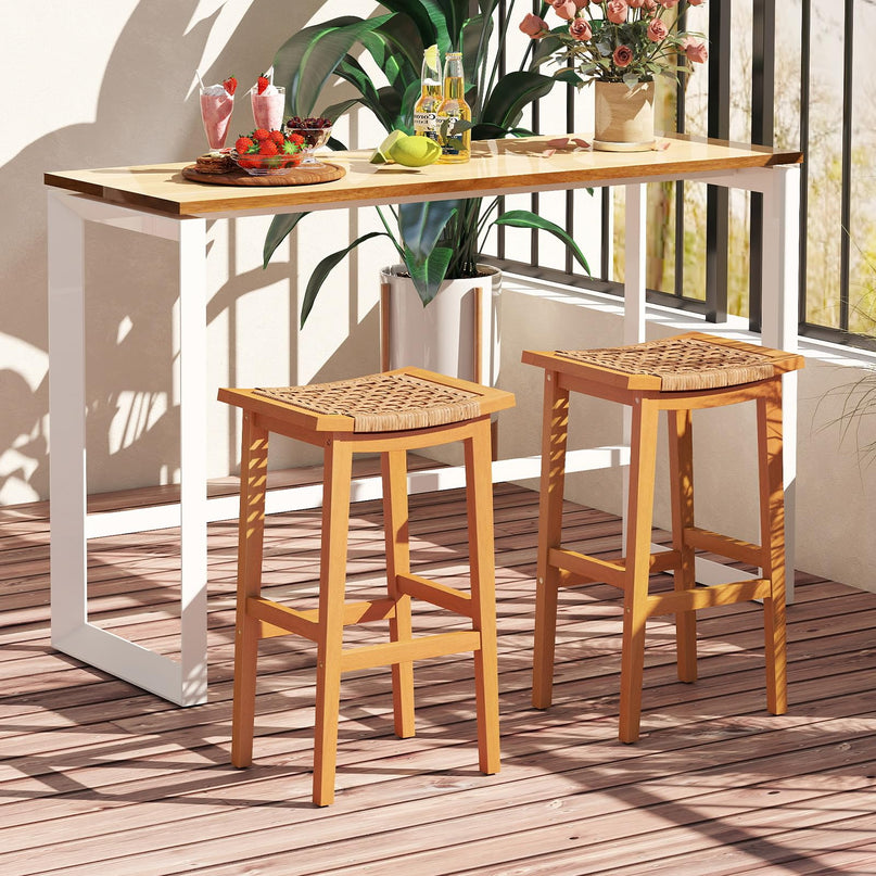 Giantex Outdoor Wooden Bar Stools Set of 2/4 with PE Rattan Saddle Seat & Footrest