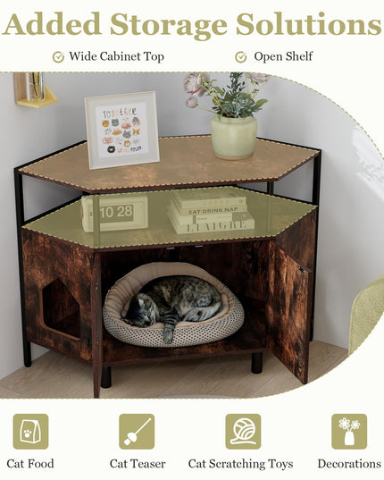 Giantex Corner Cat Litter Box Enclosure - Cat Washroom Hidden Furniture with Dual Front Entries