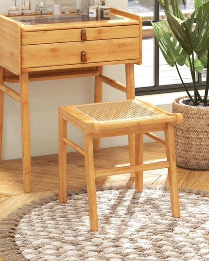 CHARMAID Vanity Stool, Bamboo Ottoman Foot Rest with Rattan Seat, Anti-Slip Foot Pads