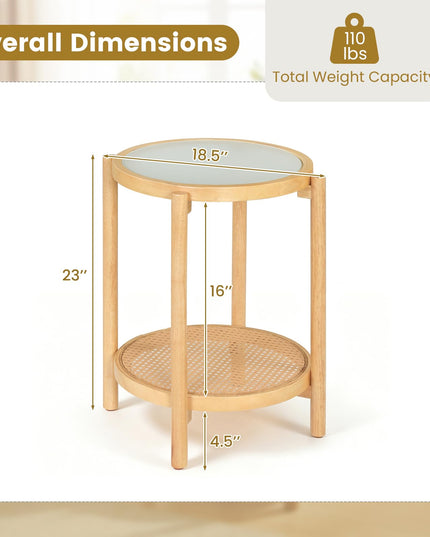 Giantex Rattan Round Side Table | 2-Tier Boho End Table w/Tempered Glass Top (1/2)