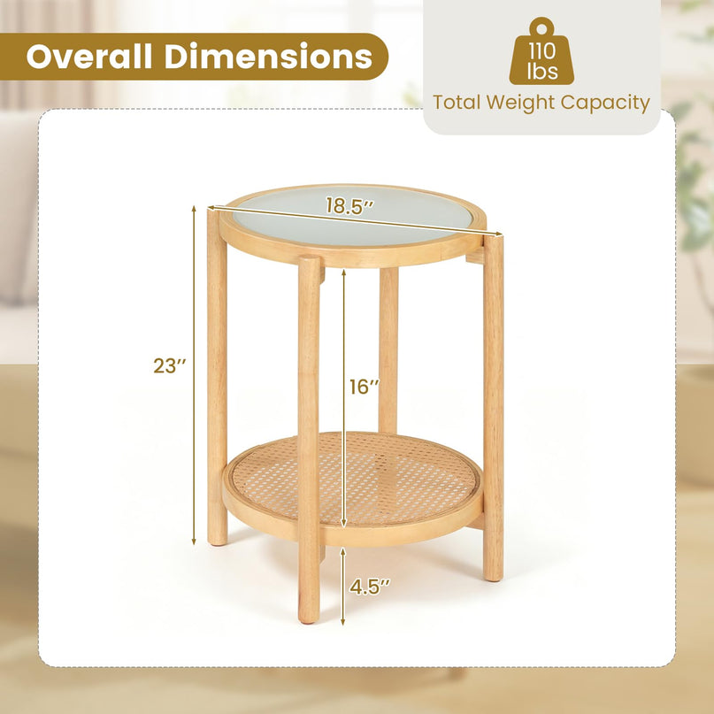Giantex Rattan Round Side Table | 2-Tier Boho End Table w/Tempered Glass Top (1/2)