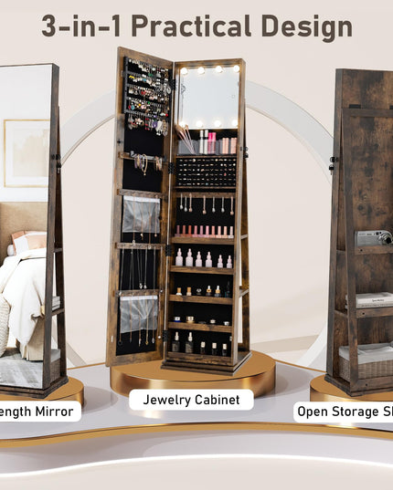 Swivel Jewelry Armoire with Full Length Mirror & Lighted Makeup Mirror