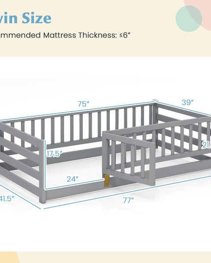 Giantex Twin Floor Bed with High Fence & Door