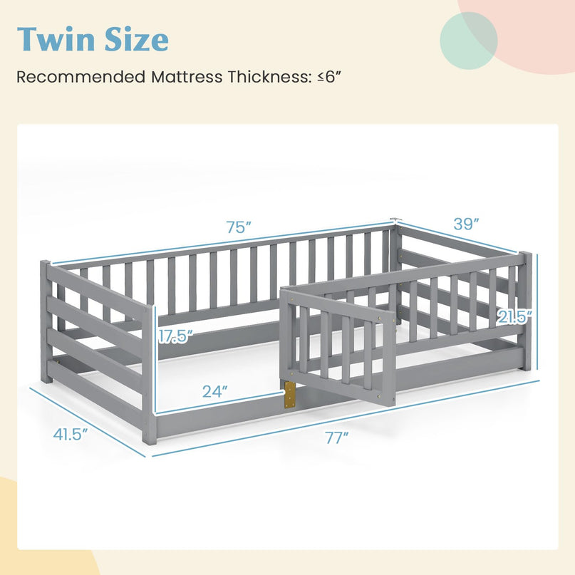 Giantex Twin Floor Bed with High Fence & Door