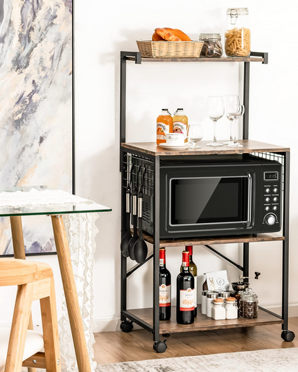 Giantex Kitchen Baker Rack on Wheels, Industrial Utility Storage Shelf, with 3 Hooks (Rustic Brown)