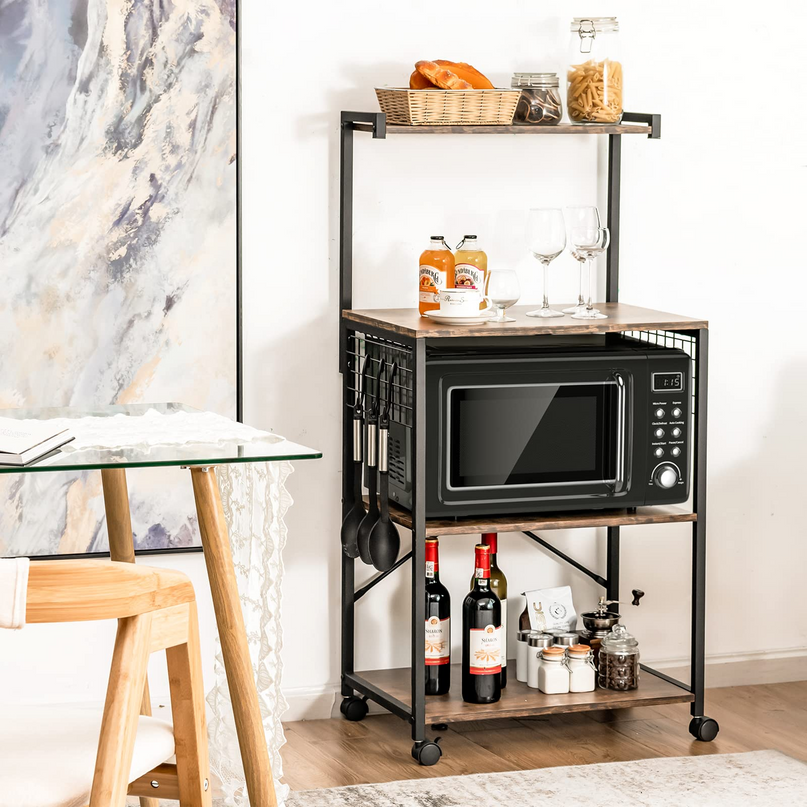 Giantex Kitchen Baker Rack on Wheels, Industrial Utility Storage Shelf, with 3 Hooks (Rustic Brown)