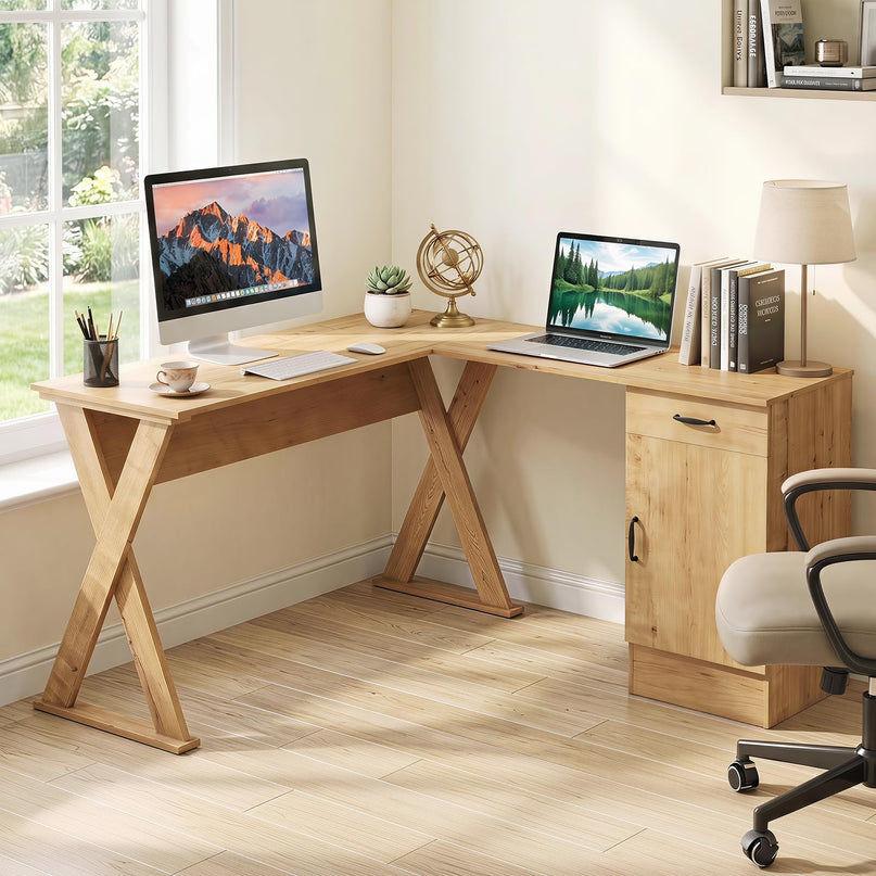 GIANTEX L-Shaped Computer Desk with Reversible Drawer & Cabinet
