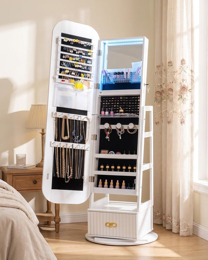 CHARMAID 360° Swivel Lockable Jewelry Armoire with Fluted Drawer