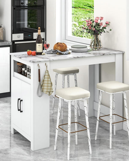 Giantex Bar Table, 47” Counter Height Dining Table with 7 Hanging Hooks, Compartment, Cabinet & Adjustable Shelf