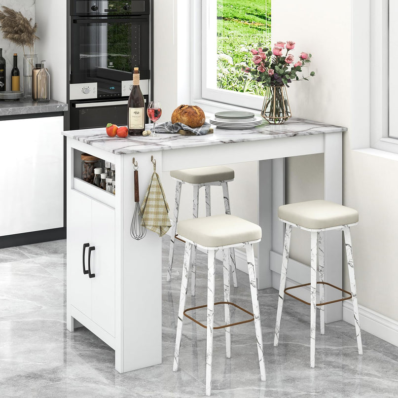 Giantex Bar Table, 47” Counter Height Dining Table with 7 Hanging Hooks, Compartment, Cabinet & Adjustable Shelf