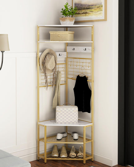Giantex Corner Hall Tree, 73" Tall Coat Rack w/Shoe Storage Bench, 12 Metal Hooks, 5-Tier Entryway Shoes Shelf Organizer
