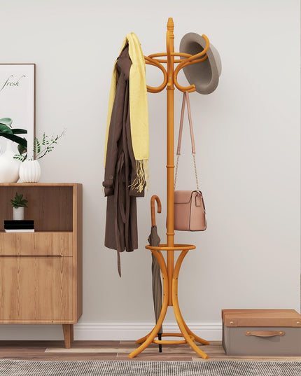 Giantex Solid Wood Coat Rack, Freestanding Hall Tree w/12 Hooks, Umbrella Holder, Entryway Hanger Stand for Coat