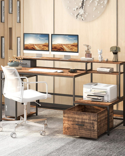 Giantex 67" Computer Desk with File Drawers Cabinet, Home Office Desk with Monitor Stand