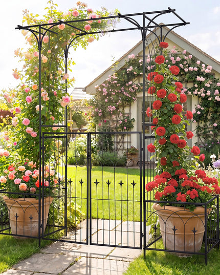 Giantex 79" W x 81" H Metal Garden Arbor with Gate and Planter
