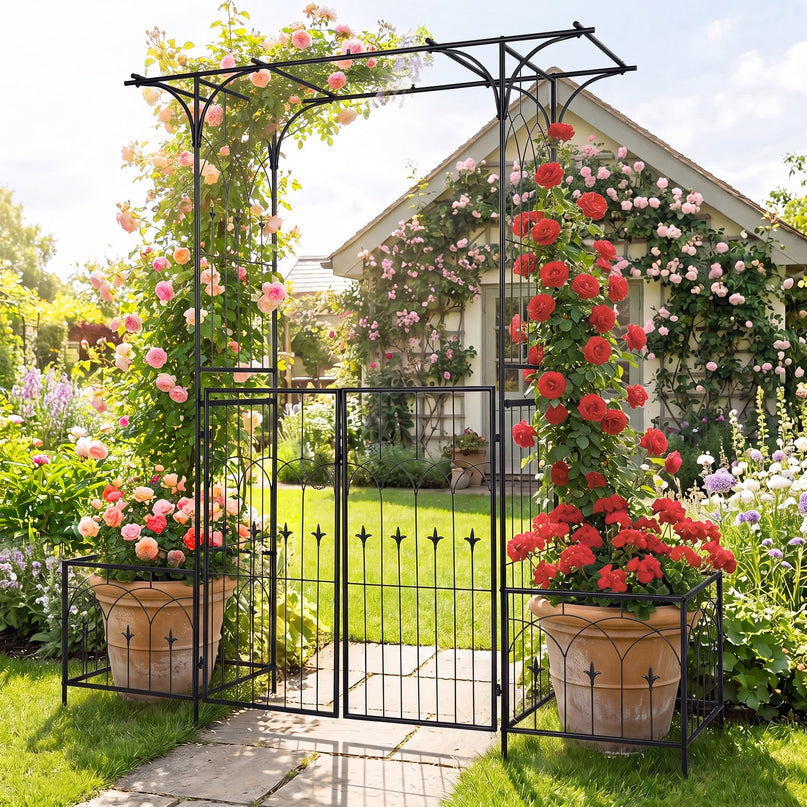 Giantex 79" W x 81" H Metal Garden Arbor with Gate and Planter