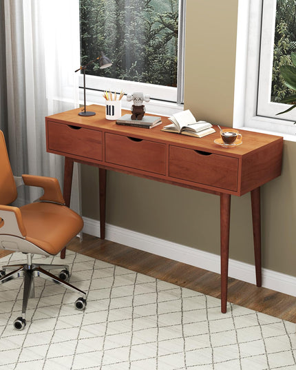 Giantex Writing Desk with 3 Drawers, 48" Computer Desk with Solid Wood Legs, Mid Century Modern Work Table
