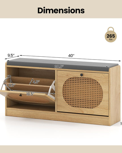 Giantex Rattan Shoe Storage Bench with 2 Flip Drawers & Padded Seat Cushion