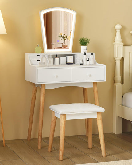 Small Vanity Desk with Mirror and Lights, White Makeup Vanity Desk with 6 Drawers