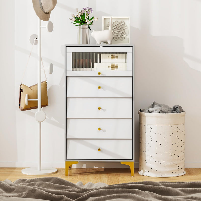 Giantex 4-Drawer Dresser with Flip Up Fluted Glass Door