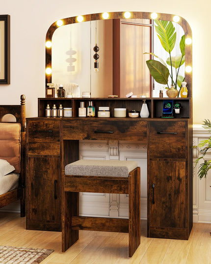 Large Vanity Desk with Arched Mirror and Lights for Bedroom