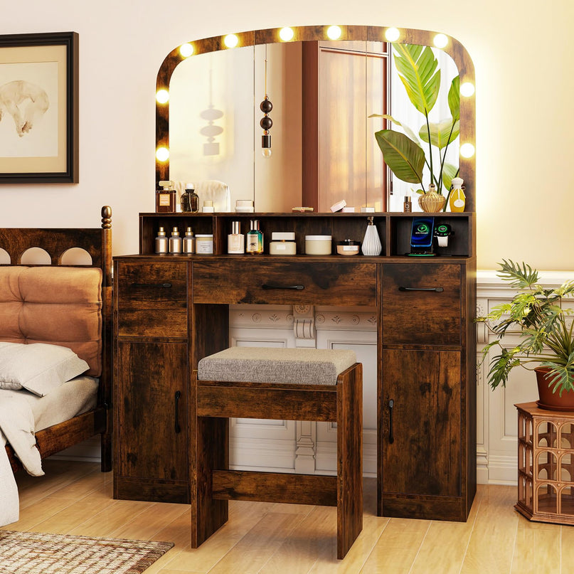 Large Vanity Desk with Arched Mirror and Lights for Bedroom