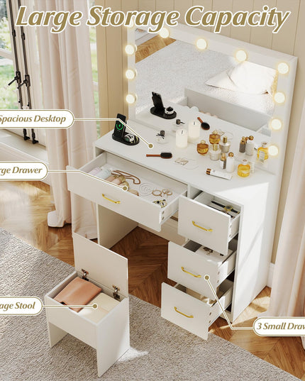 CHARMAID White Vanity Desk with Mirror and Lights | Modern Bedroom Dressing Table