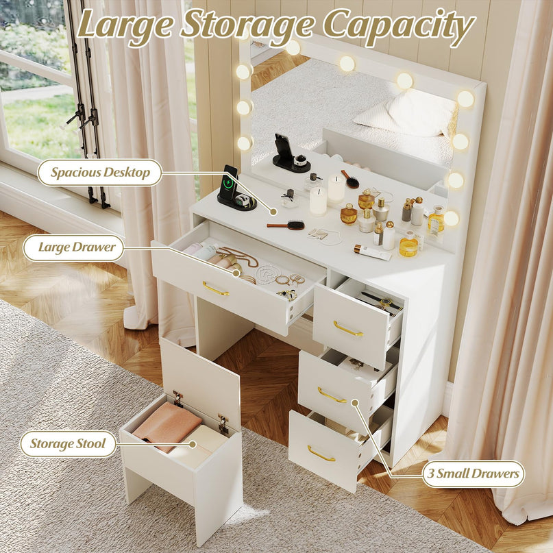 CHARMAID White Vanity Desk with Mirror and Lights | Modern Bedroom Dressing Table