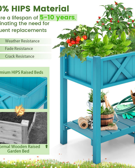 Giantex HIPS Raised Garden Bed, Elevated Planter Box w/Legs, Storage Shelf, Drain Holes