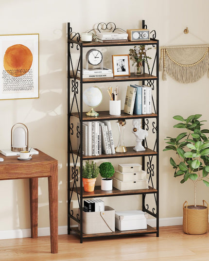 Giantex 6-Tier Industrial Bookcase with Scrollwork Metal Frame & 2 Anti-Tipping Kits