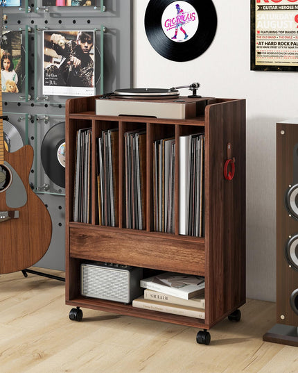Giantex Record Player Stand, Rolling Turntable Stand with Drawer, Hook & Lockable Wheels