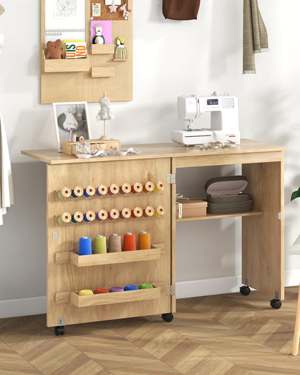 Giantex Folding Sewing Table - Farmhouse Sewing Machine Cabinet with Barn Door