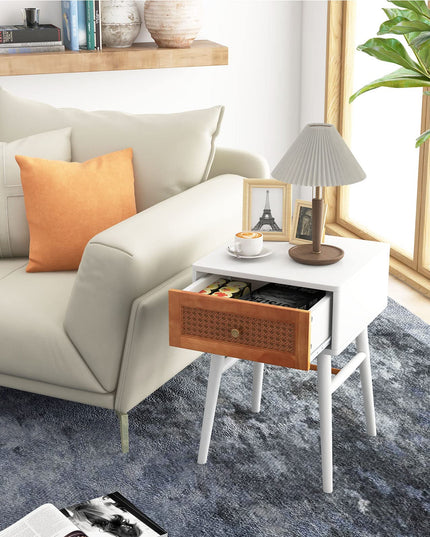 Giantex Rattan Nightstand, Boho End Side Table with Rattan Decorated Storage Drawer & Solid Wood Legs