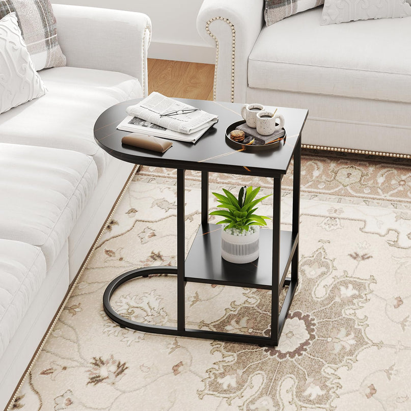 Giantex C Shaped End Table with Faux Marble Tabletop & Storage Shelf