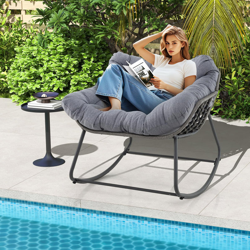 Giantex Outdoor Rocking Chair with Padded Cushion, Oversized Papasan Chair