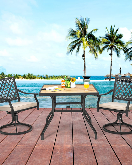 Giantex 3 Piece Patio Dining Set, Outdoor Square Bistro Table for 2, Swivel Rocking Chair with Soft Cushion