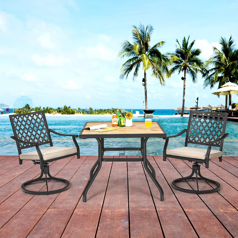 Giantex 3 Piece Patio Dining Set, Outdoor Square Bistro Table for 2, Swivel Rocking Chair with Soft Cushion