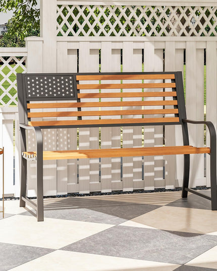 Giantex Outdoor Bench, 2-Person Metal Garden Bench with American Flag Backrest